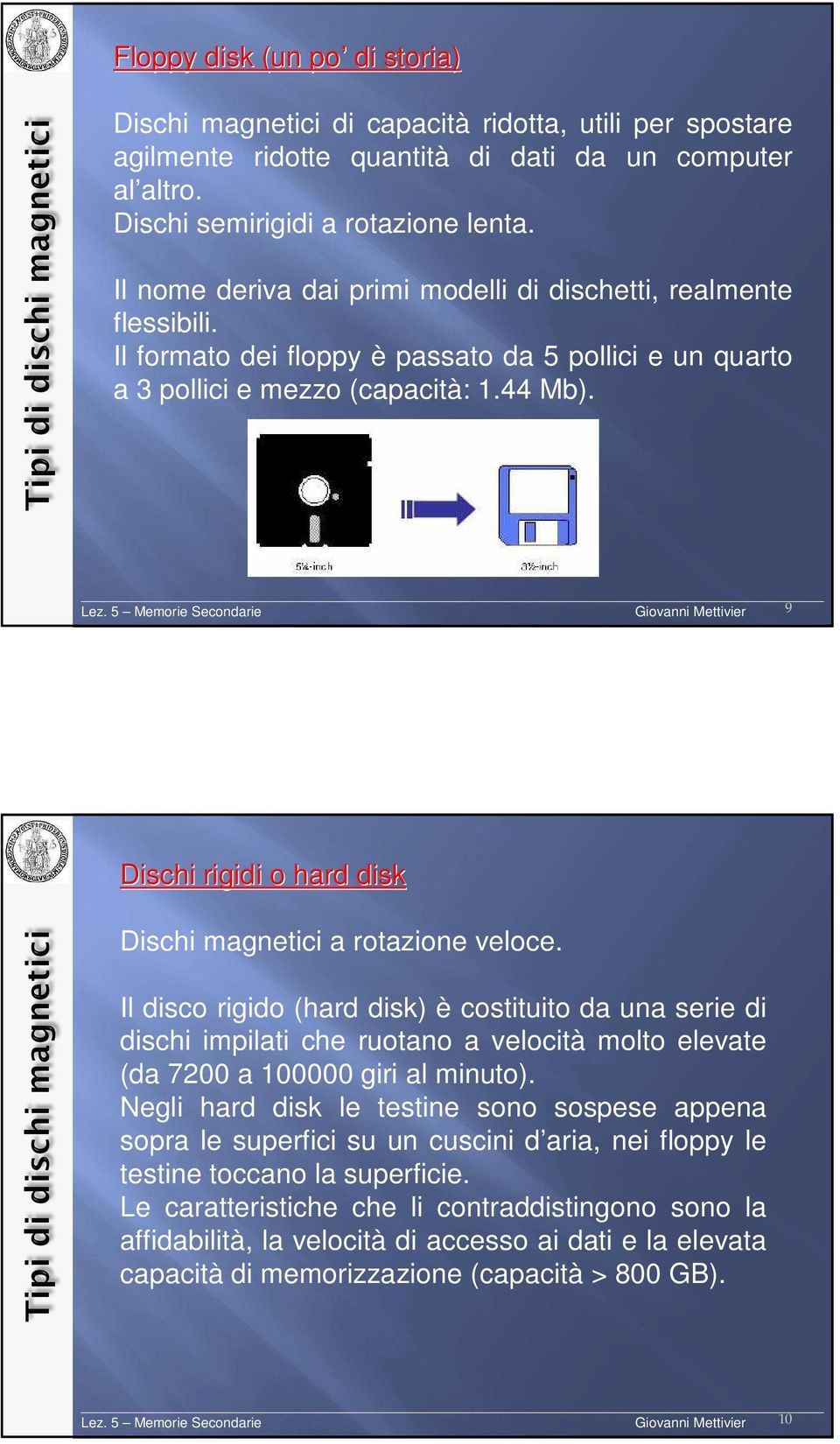 Giovanni Mettivier 9 Dischi rigidi o hard disk Dischi magnetici a rotazione veloce.