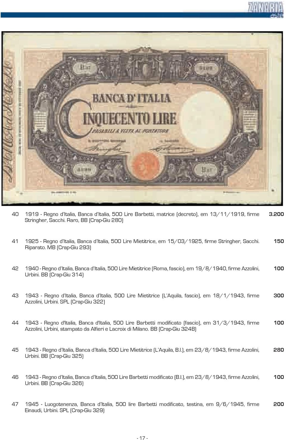 MB (Crap-Giu 293) 150 42 1940 - Regno d Italia, Banca d Italia, 500 Lire Mietitrice (Roma, fascio), em 19/8/1940, firme Azzolini, Urbini.
