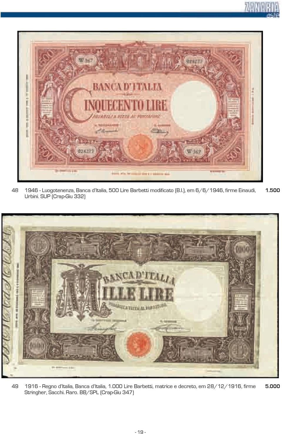 000 Lire Barbetti, matrice e decreto, em 28/12/1916, firme Stringher,