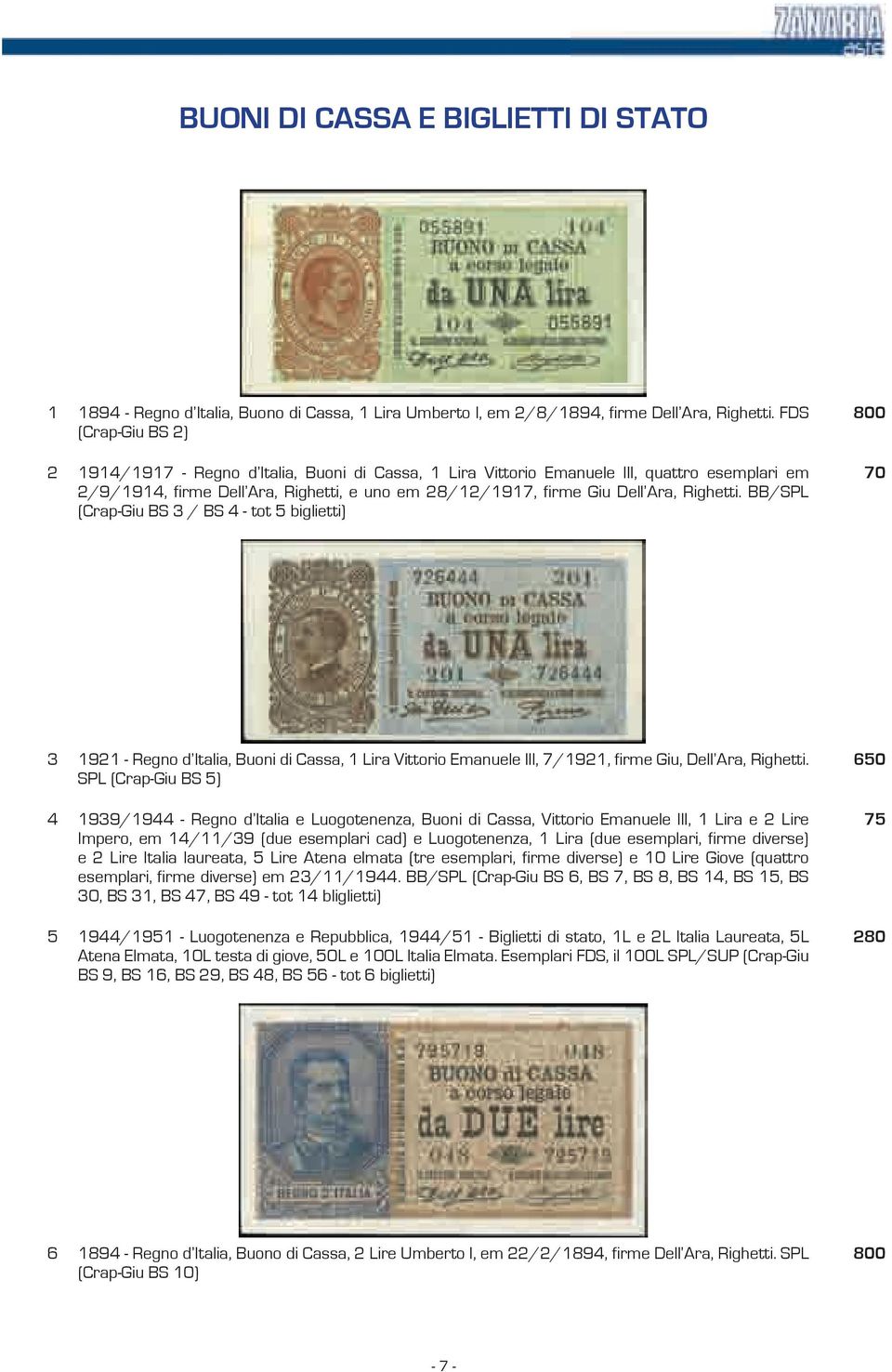 Righetti. BB/SPL (Crap-Giu BS 3 / BS 4 - tot 5 biglietti) 800 70 3 1921 - Regno d Italia, Buoni di Cassa, 1 Lira Vittorio Emanuele III, 7/1921, firme Giu, Dell Ara, Righetti.