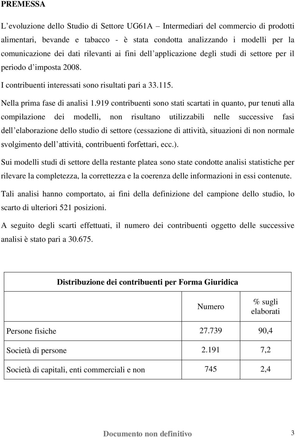 919 contribuenti sono stati scartati in quanto, pur tenuti alla compilazione dei modelli, non risultano utilizzabili nelle successive fasi dell elaborazione dello studio di settore (cessazione di