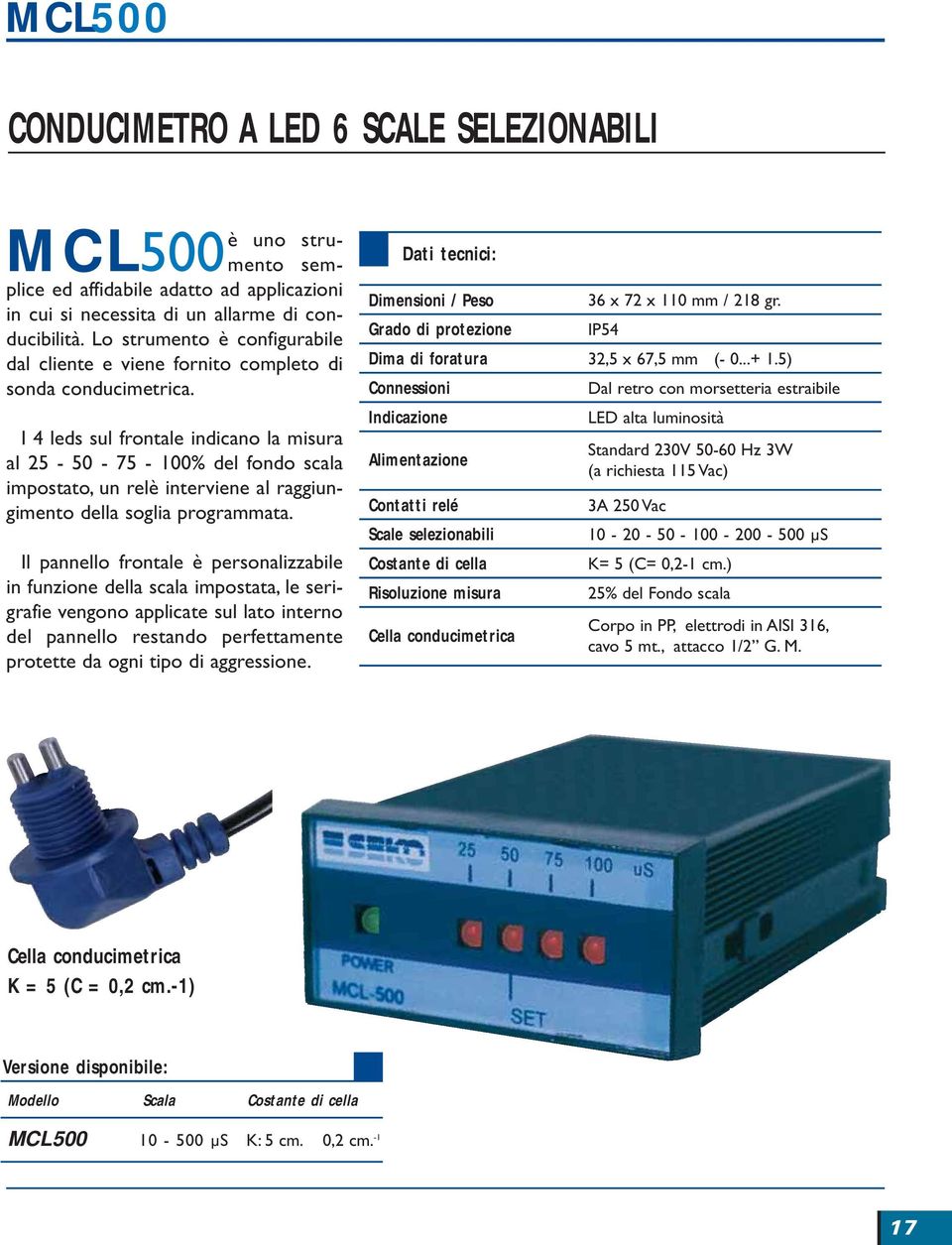 I 4 leds sul frontale indicano la misura al 25-50 - 75-100% del fondo scala impostato, un relè interviene al raggiungimento della soglia programmata.