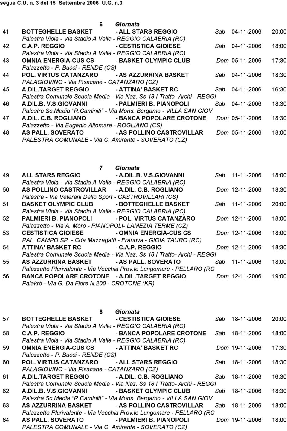 TARGET REGGIO - ATTINA' BASKET RC Sab 04-11-2006 16:30 46 A.DIL.B. V.S.GIOVANNI - PALMIERI B. PIANOPOLI Sab 04-11-2006 18:30 47 A.DIL. C.B. ROGLIANO - BANCA POPOLARE CROTONE Dom 05-11-2006 18:30 48 AS PALL.