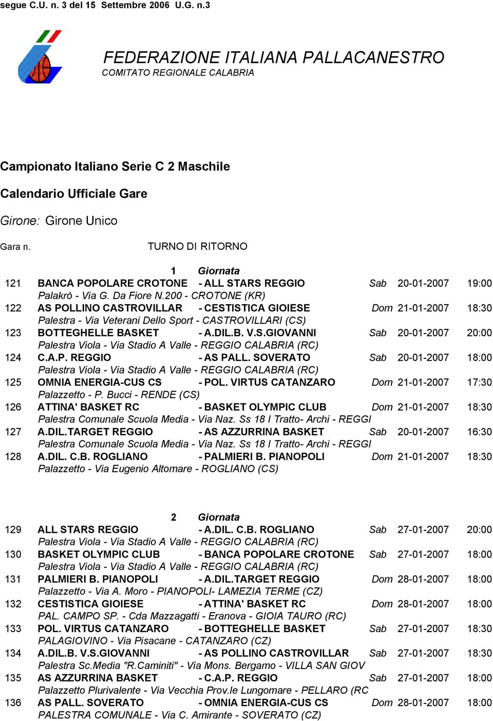 S.GIOVANNI Sab 20-01-2007 20:00 124 C.A.P. REGGIO - AS PALL. SOVERATO Sab 20-01-2007 18:00 125 OMNIA ENERGIA-CUS CS - POL.