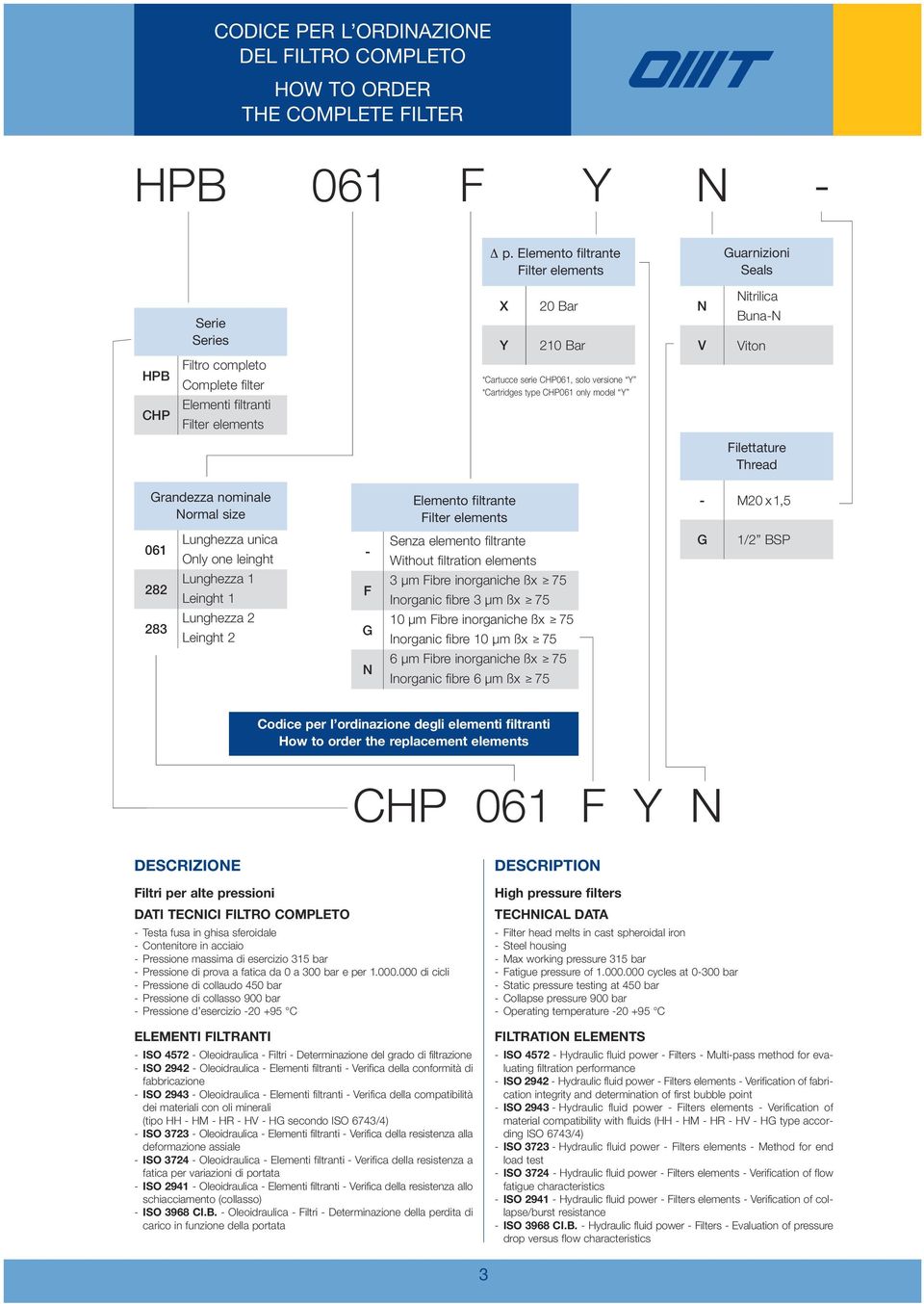 *Cartridges type CHP061 only model Y N V Nitrilica Buna-N Viton Filettature Thread Grandezza nominale Normal size Elemento filtrante Filter elements - M20 x 1, 061 282 283 Lunghezza unica Only one