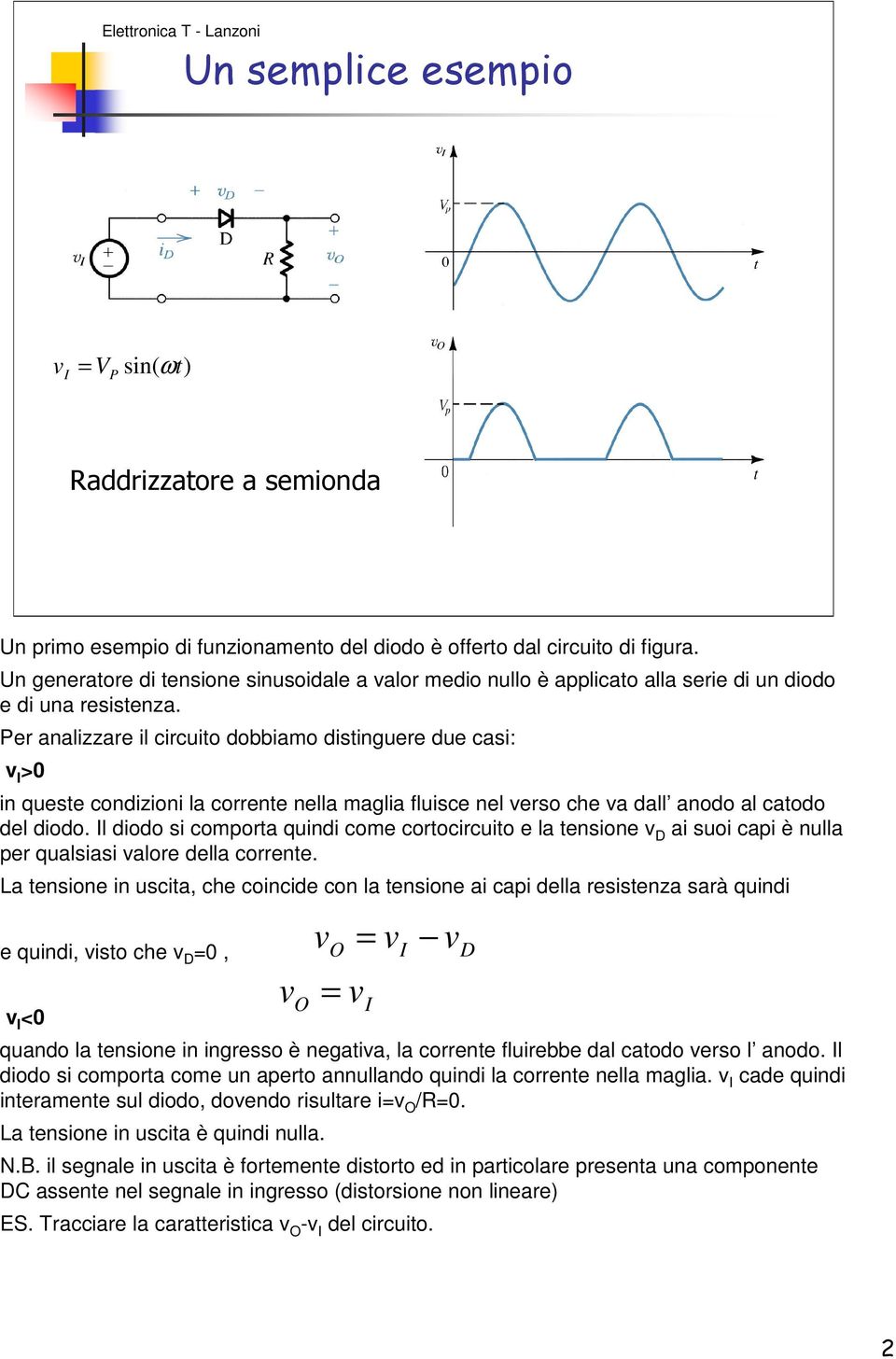 Per analizzare il circuito dobbiamo distinguere due casi: v I >0 in queste condizioni la corrente nella maglia fluisce nel verso che va dall anodo al catodo del diodo.