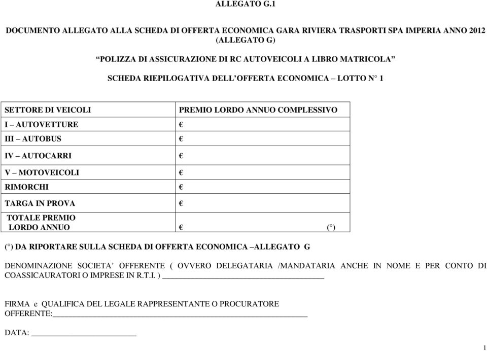 PREMIO LORDO ANNUO COMPLESSIVO TOTALE PREMIO LORDO ANNUO ( ) ( ) DA RIPORTARE SULLA SCHEDA DI OFFERTA ECONOMICA ALLEGATO G DENOMINAZIONE SOCIETA OFFERENTE (