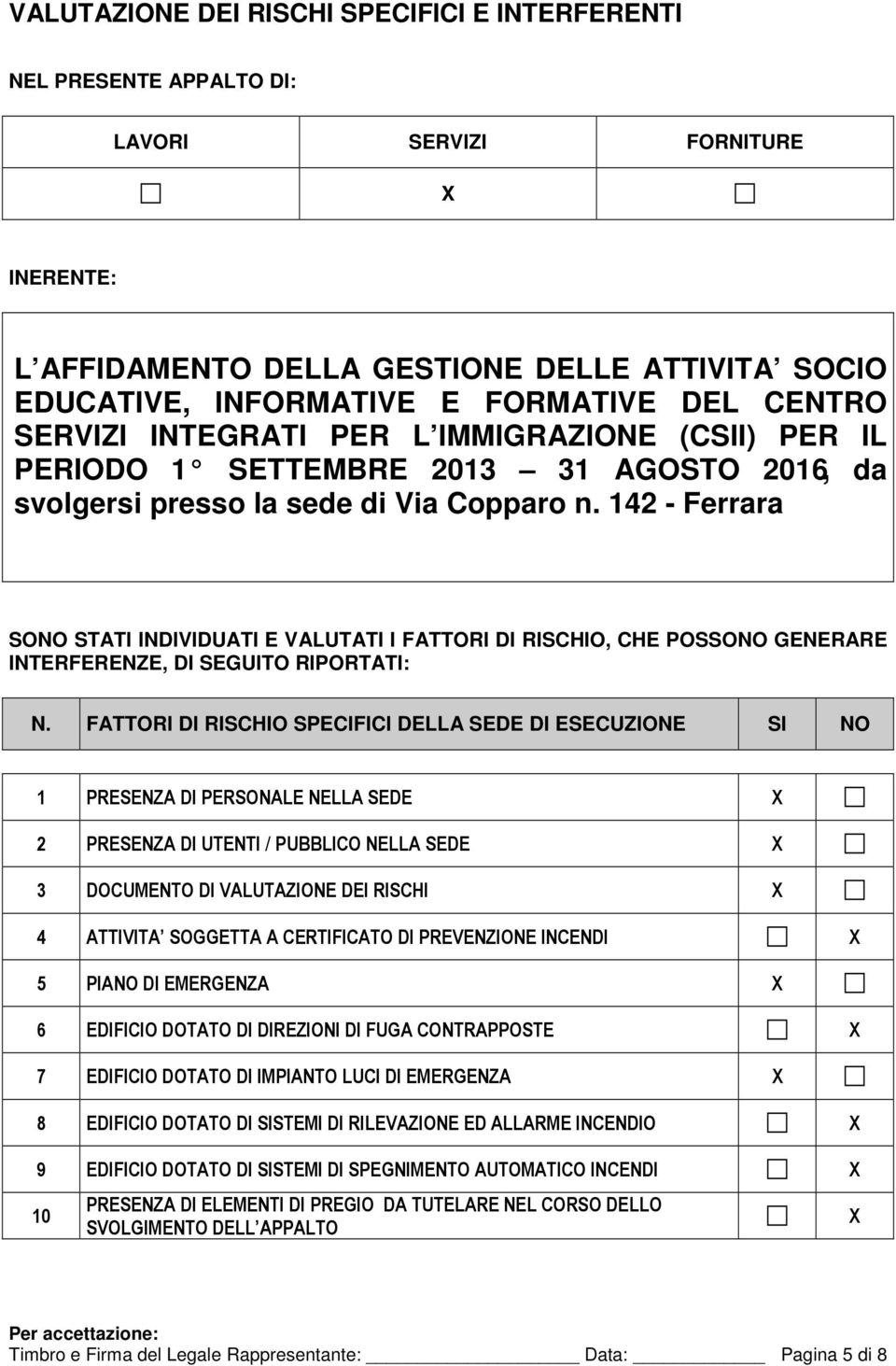 142 - Ferrara SONO STATI INDIVIDUATI E VALUTATI I FATTORI DI RISCHIO, CHE POSSONO GENERARE INTERFERENZE, DI SEGUITO RIPORTATI: N.