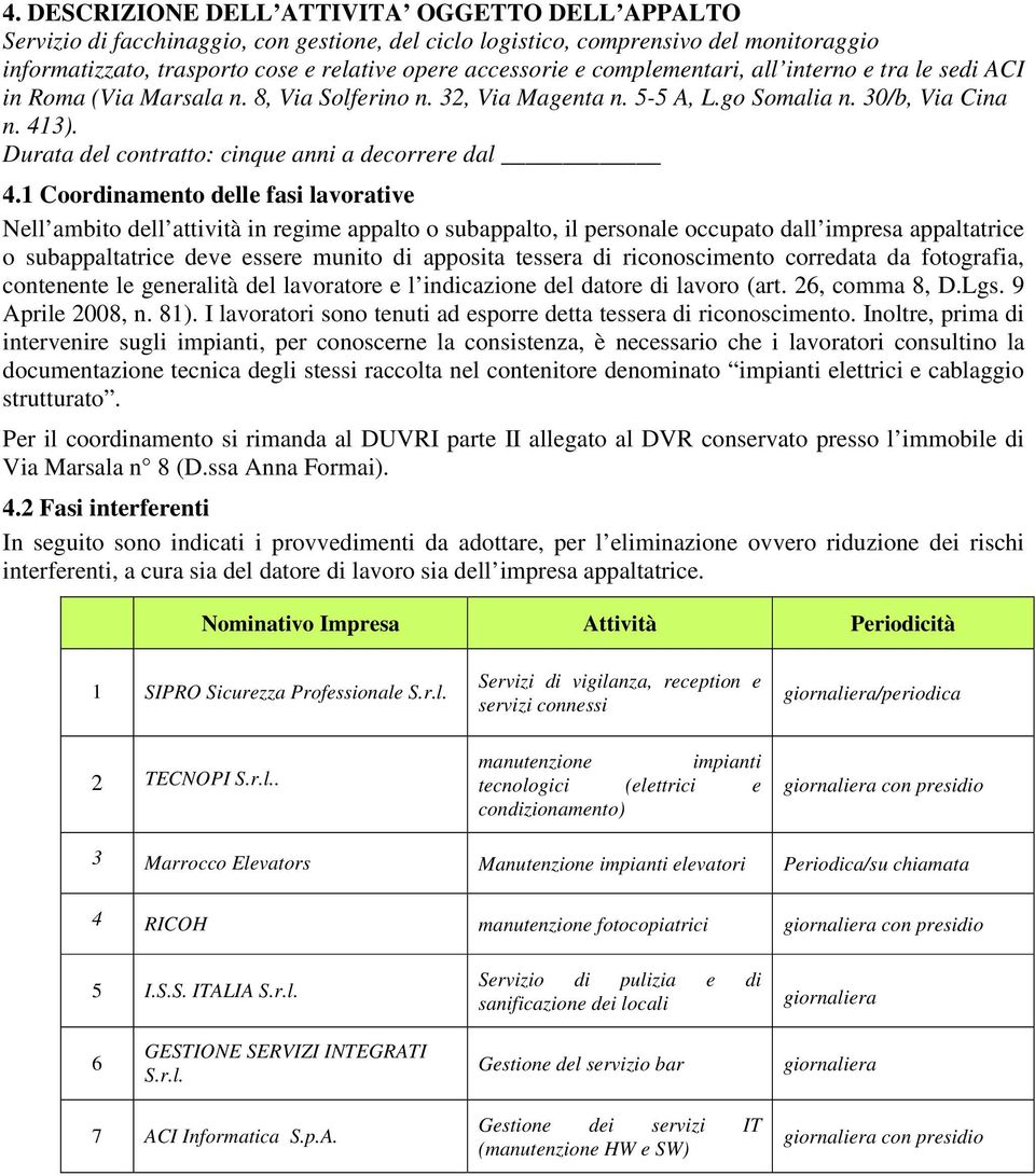 Durata del contratto: cinque anni a decorrere dal 4.