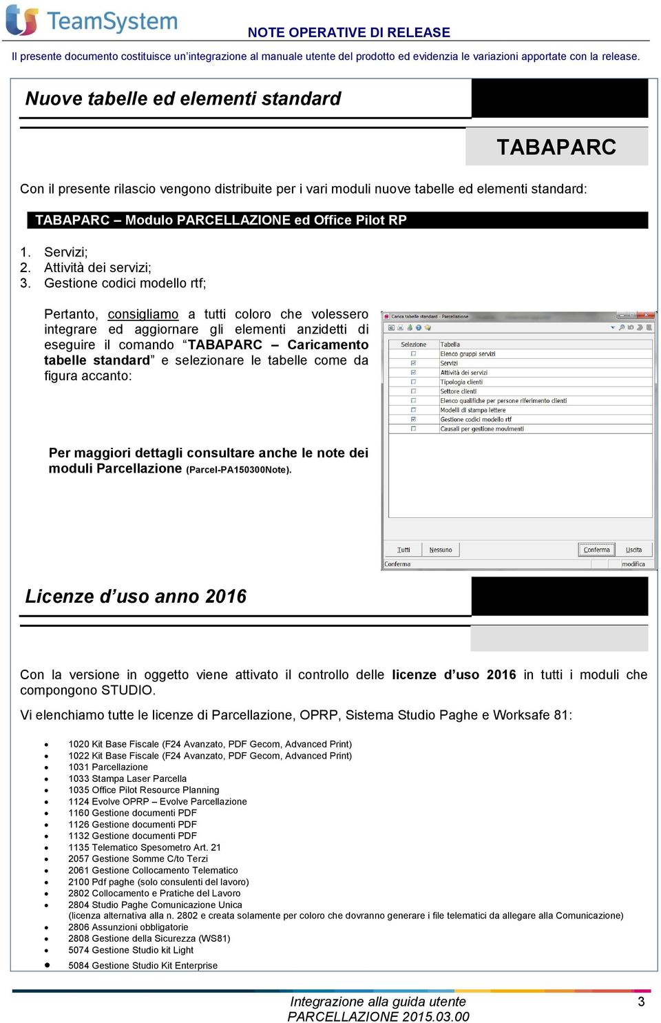 Gestione codici modello rtf; Pertanto, consigliamo a tutti coloro che volessero integrare ed aggiornare gli elementi anzidetti di eseguire il comando TABAPARC Caricamento tabelle standard e