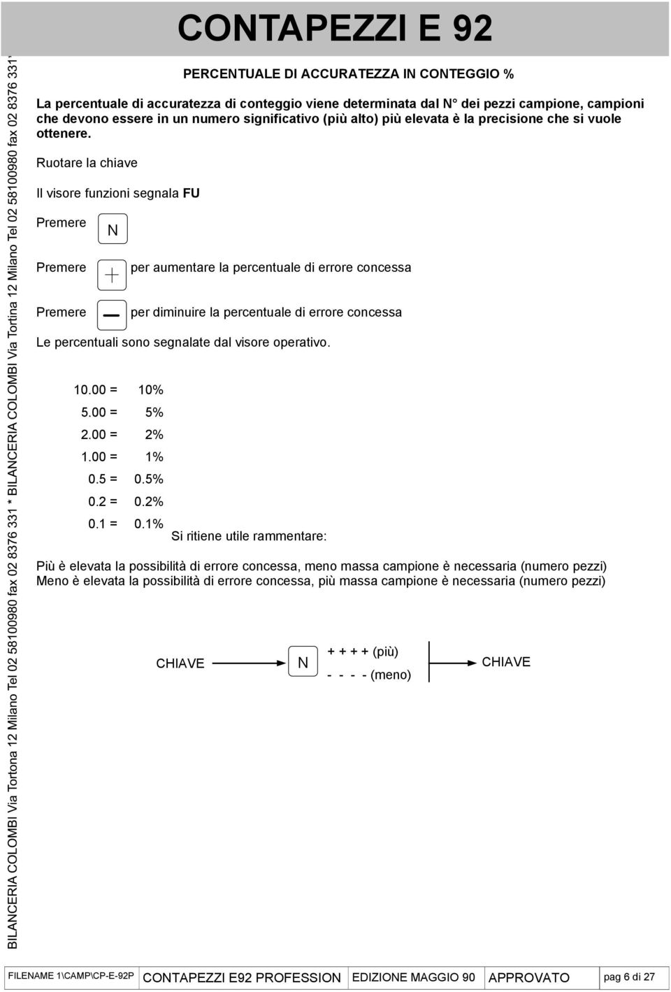 Ruotare la chiave Il visore funzioni segnala FU N per aumentare la percentuale di errore concessa per diminuire la percentuale di errore concessa Le percentuali sono segnalate dal visore operativo.