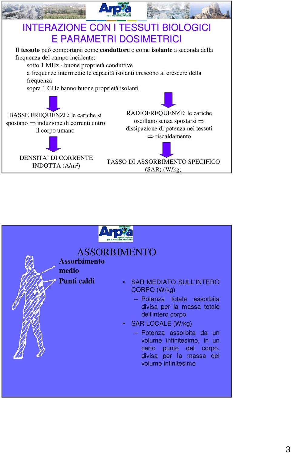 entro il corpo umano RADIOFREQUENZE: le cariche oscillano senza spostarsi dissipazione di potenza nei tessuti riscaldamento DENSITA DI CORRENTE INDOTTA (A/m 2 ) TASSO DI ASSORBIMENTO SPECIFICO (SAR)