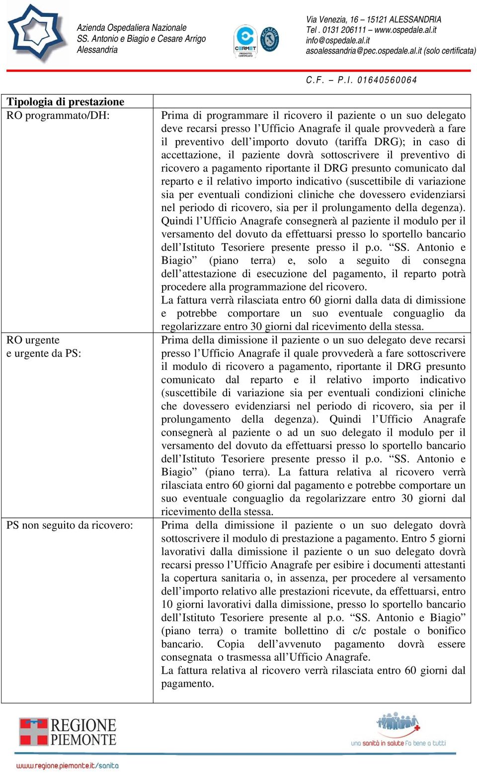 e il relativo importo indicativo (suscettibile di variazione sia per eventuali condizioni cliniche che dovessero evidenziarsi nel periodo di ricovero, sia per il prolungamento della degenza).