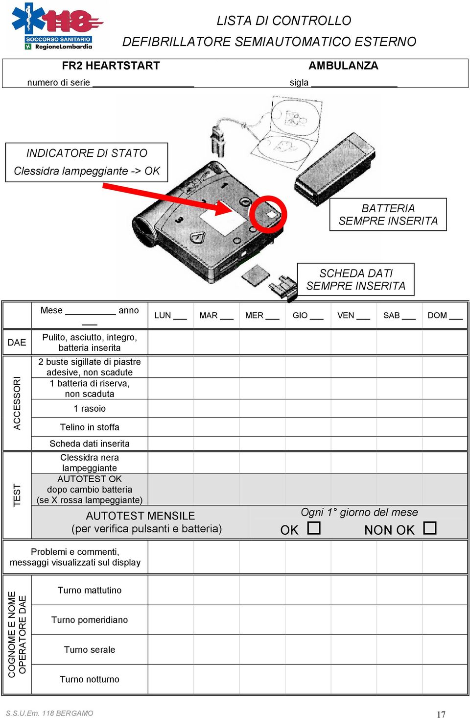 scaduta 1 rasoio Telino in stoffa Scheda dati inserita Clessidra nera lampeggiante AUTOTEST OK dopo cambio batteria (se X rossa lampeggiante) AUTOTEST MENSILE (per verifica pulsanti e batteria)