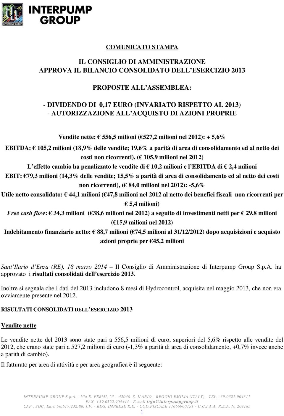 costi non ricorrenti), ( 105,9 milioni nel 2012) L effetto cambio ha penalizzato le vendite di 10,2 milioni e l EBITDA di 2,4 milioni EBIT: 79,3 milioni (14,3% delle vendite; 15,5% a parità di area