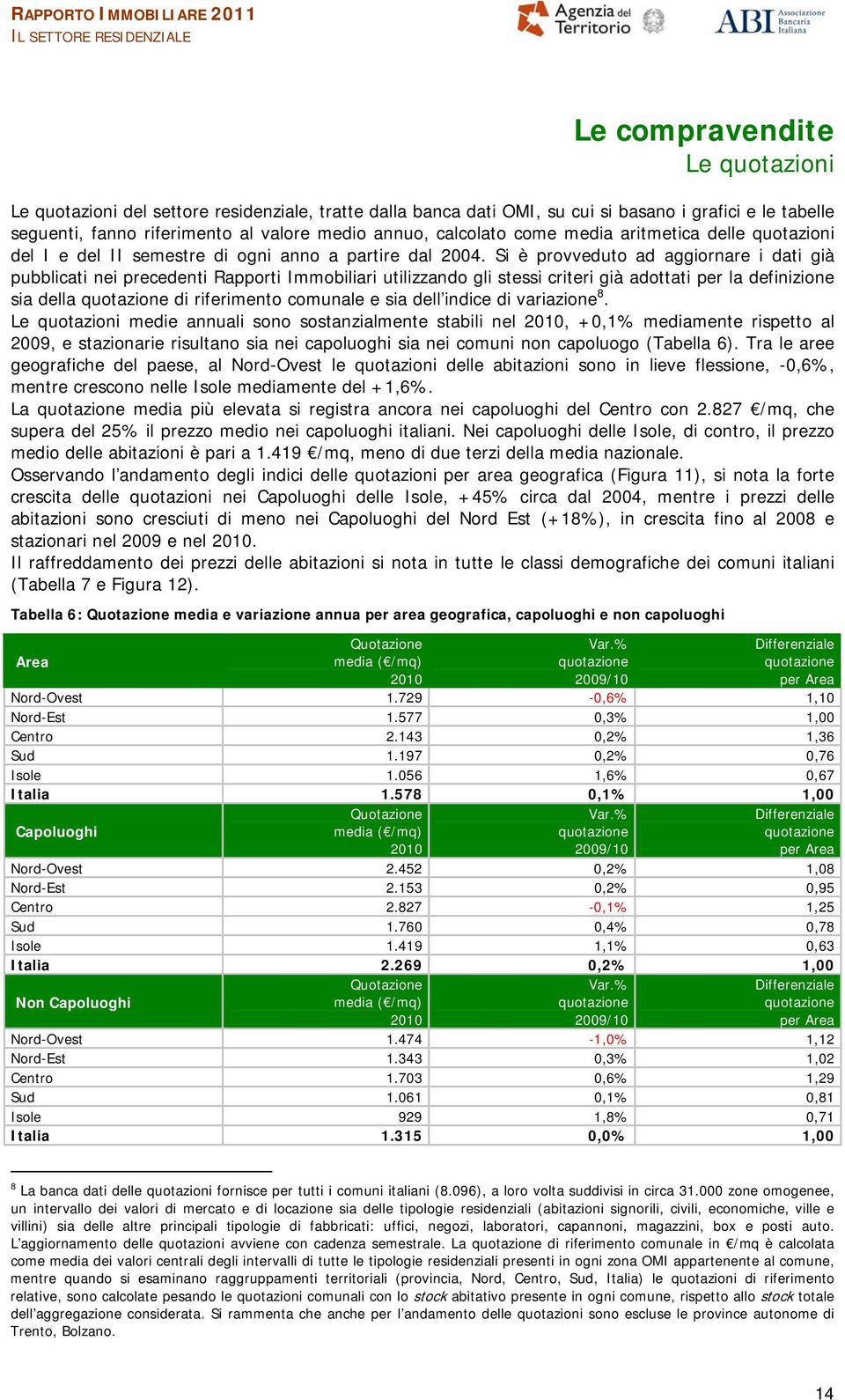 Si è provveduto ad aggiornare i dati già pubblicati nei precedenti Rapporti Immobiliari utilizzando gli stessi criteri già adottati per la definizione sia della quotazione di riferimento comunale e