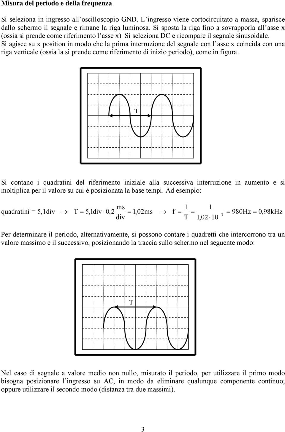 Si agisce su x posiion in modo che la prima inerruzione del segnale con l asse x coincida con una riga vericale (ossia la si prende come riferimeno di inizio periodo), come in figura.