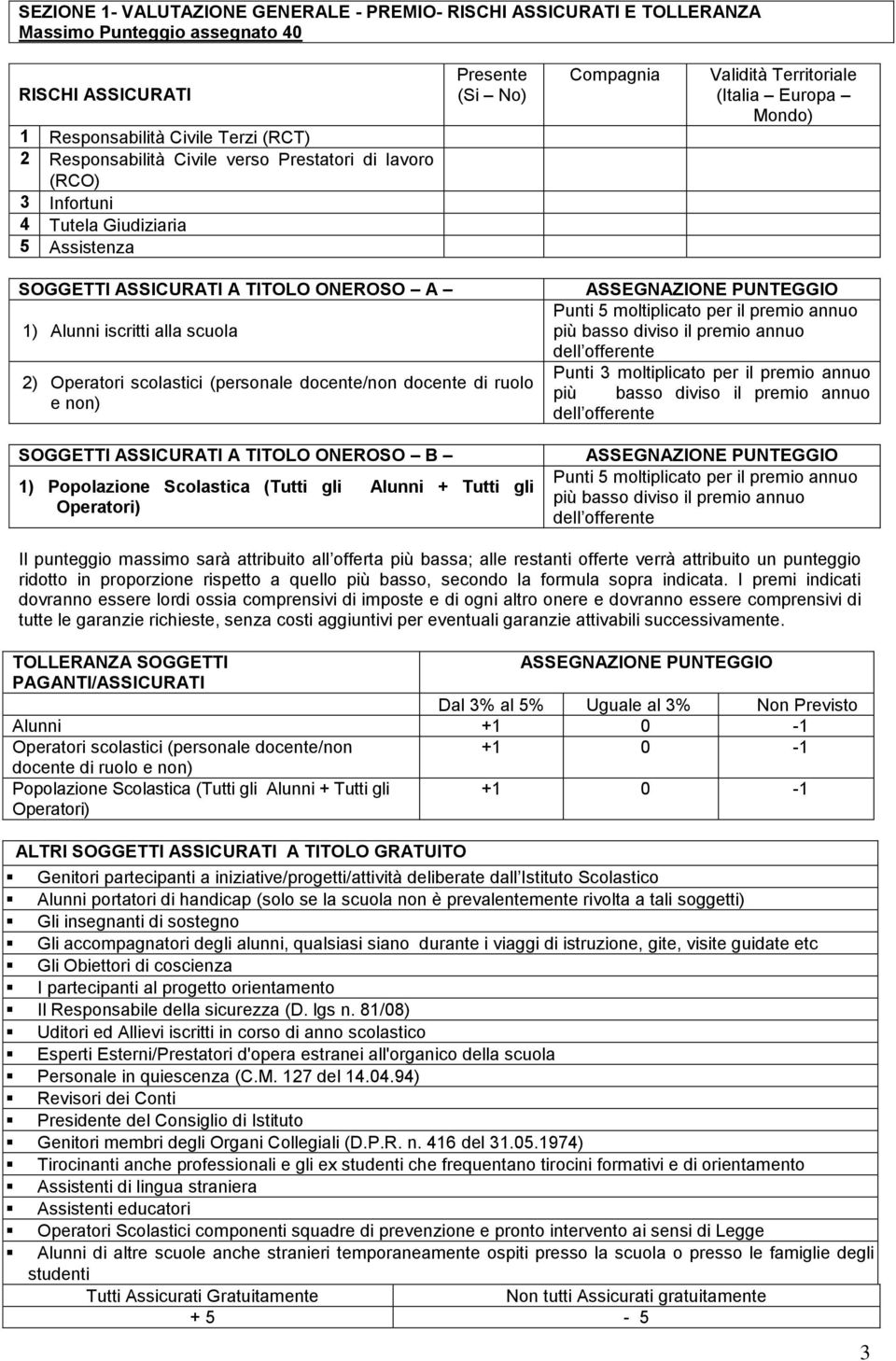 2) Operatori scolastici (personale docente/non docente di ruolo e non) SOGGETTI ASSICURATI A TITOLO ONEROSO B 1) 1) Popolazione Scolastica (Tutti gli Alunni + Tutti gli Operatori) ASSEGNAZIONE