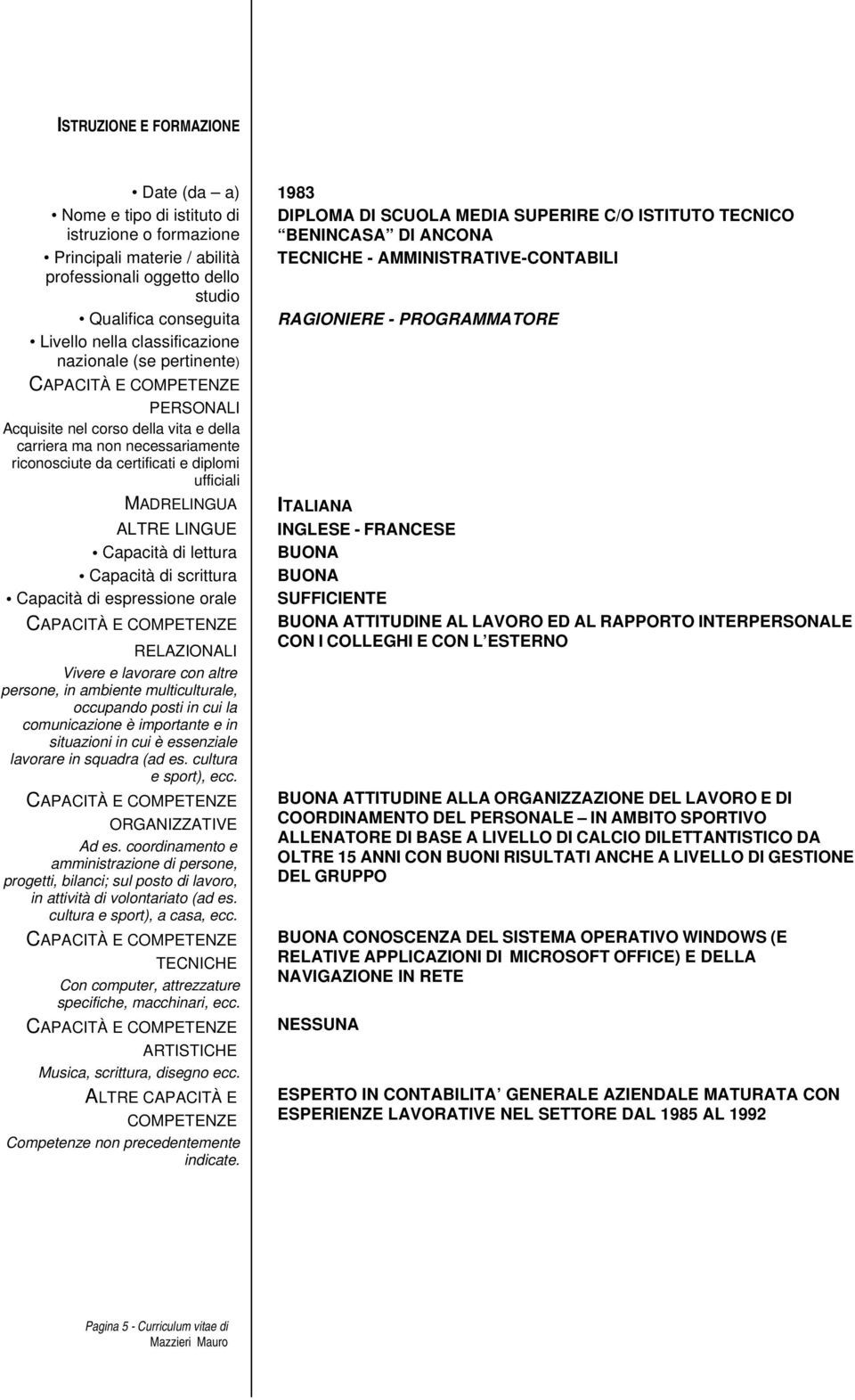 corso della vita e della carriera ma non necessariamente riconosciute da certificati e diplomi ufficiali MADRELINGUA ALTRE LINGUE Capacità di lettura Capacità di scrittura Capacità di espressione