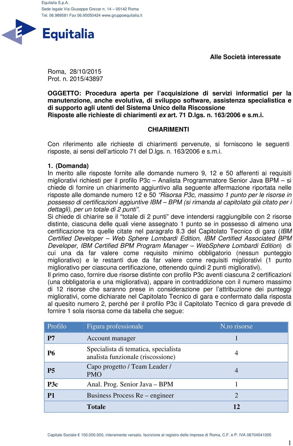 2015/43897 OGGETTO: Procedura aperta per l acquisizione di servizi informatici per la manutenzione, anche evolutiva, di sviluppo software, assistenza specialistica e di supporto agli utenti del