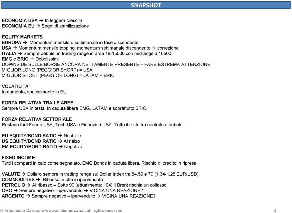 ATTENZIONE MIGLIOR LONG (PEGGIOR SHORT) = USA MIGLIOR SHORT (PEGGIOR LONG) = LATAM + BRIC VOLATILITA In aumento, specialmente in EU FORZA RELATIVA TRA LE AREE Sempre USA in testa.