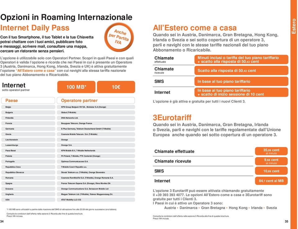 Scopri in quali Paesi e con quali Operatori è valida l opzione e ricorda che nei Paesi in cui è presente un Operatore 3 (Austria, Danimarca, Hong Kong, Irlanda, Svezia e UK) è attiva gratuitamente l