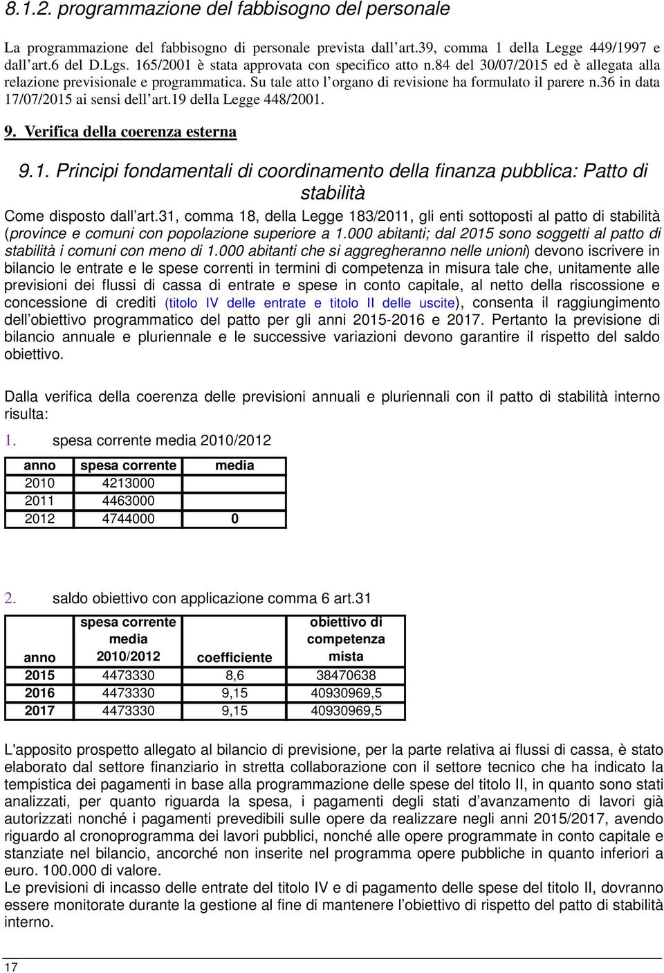 36 in data 17/07/2015 ai sensi dell art.19 della Legge 448/2001. 9. Verifica della coerenza esterna 9.1. Principi fondamentali di coordinamento della finanza pubblica: Patto di stabilità Come disposto dall art.