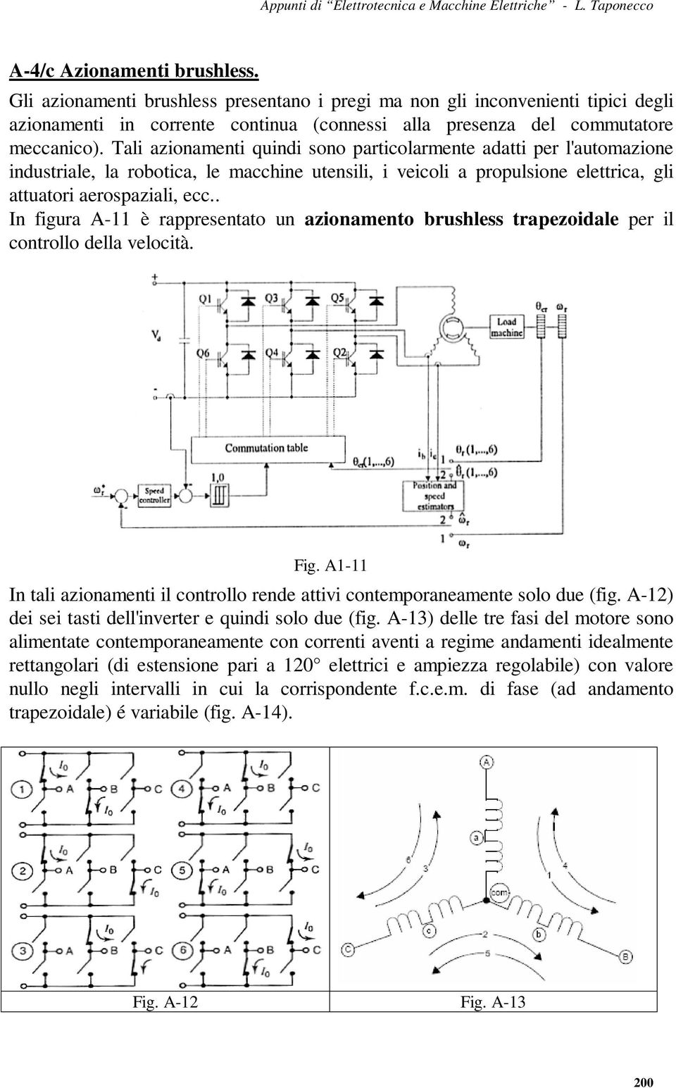 . In figura A-11 è rappresentato un azionamento brushless trapezoidale per il controllo della velocità. Fig. A1-11 In tali azionamenti il controllo rende attivi contemporaneamente solo due (fig.