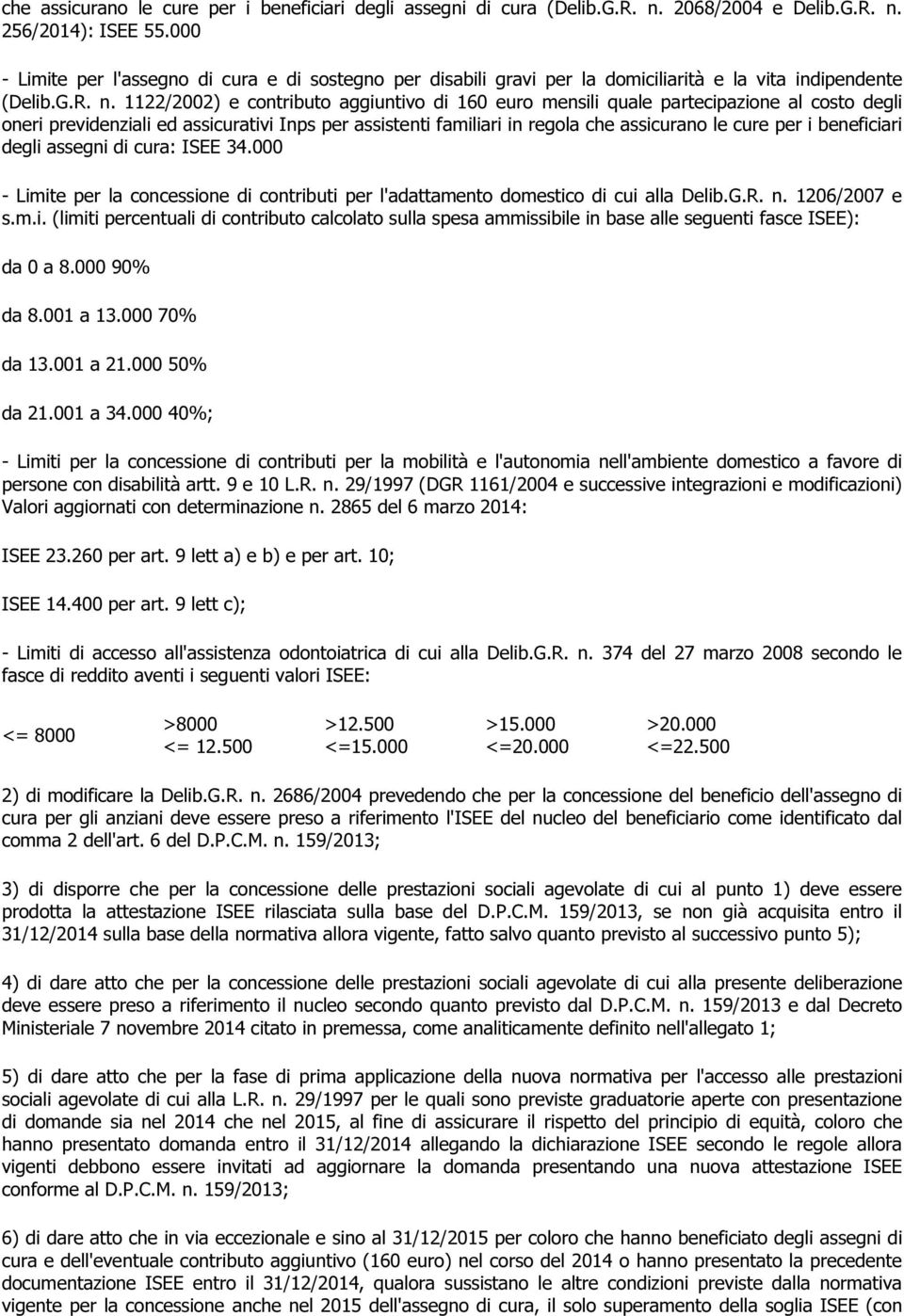 1122/2002) e contributo aggiuntivo di 160 euro mensili quale partecipazione al costo degli degli assegni di cura: ISEE 34.