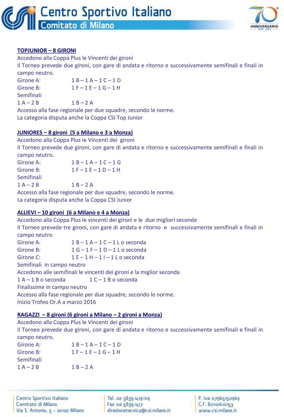 La categoria disputa anche la Coppa CSI Top Junior JUNIORES 8 gironi (5 a Milano e 3 a Monza) Accedono alla Coppa Plus le Vincenti dei gironi Il Torneo prevede due gironi, con gare di andata e