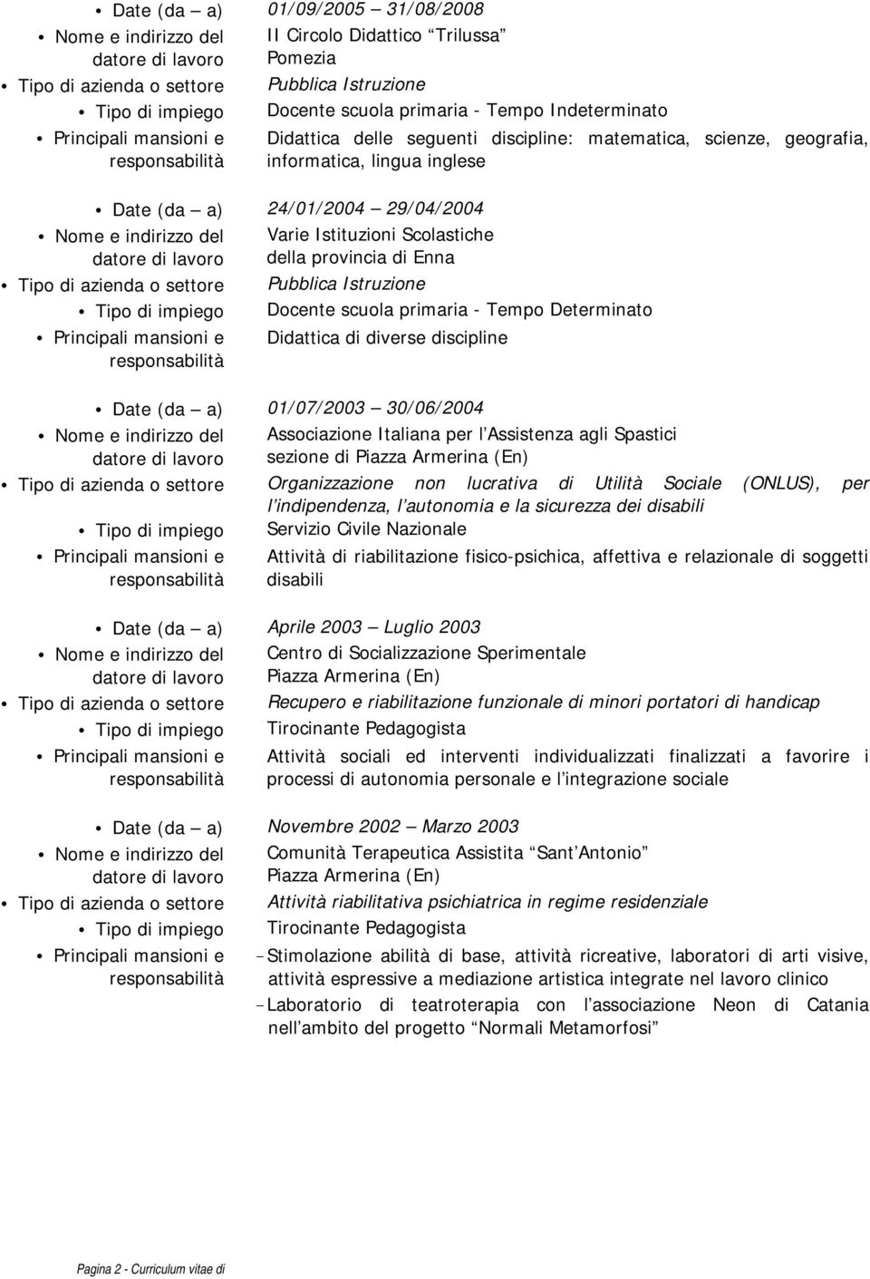 Pubblica Istruzione Tipo di impiego Docente scuola primaria - Tempo Determinato Didattica di diverse discipline Date (da a) 01/07/2003 30/06/2004 Associazione Italiana per l Assistenza agli Spastici