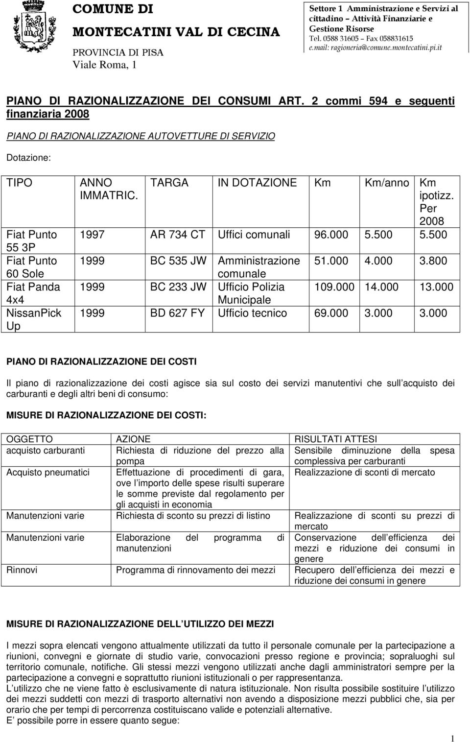 TARGA IN DOTAZIONE Km Km/anno Km ipotizz. Per 2008 1997 AR 734 CT Uffici comunali 96.000 5.500 5.500 1999 BC 535 JW Amministrazione comunale 51.000 4.000 3.800 1999 BC 233 JW Ufficio Polizia 109.