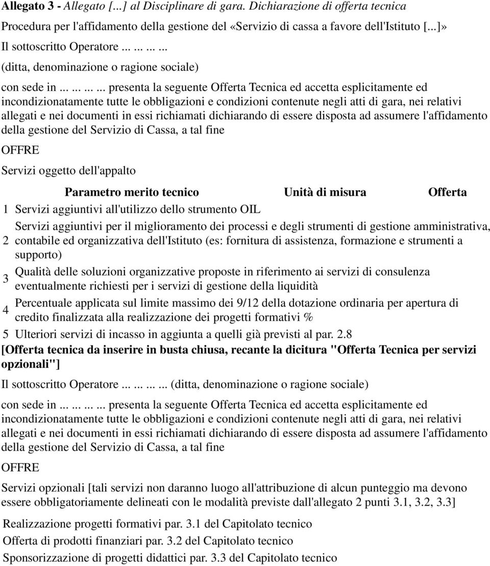 ........... presenta la seguente Offerta Tecnica ed accetta esplicitamente ed allegati e nei documenti in essi richiamati dichiarando di essere disposta ad assumere l'affidamento Servizi oggetto