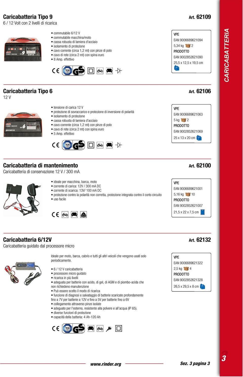 effettivo 629 EAN 90066896294,34 kg 2 EAN 9002826290 2, x, x 19, cm Caricabatteria Tipo 6 V tensione di carica V protezione di sovraccarico e protezione di inversione di polarità isolamento di