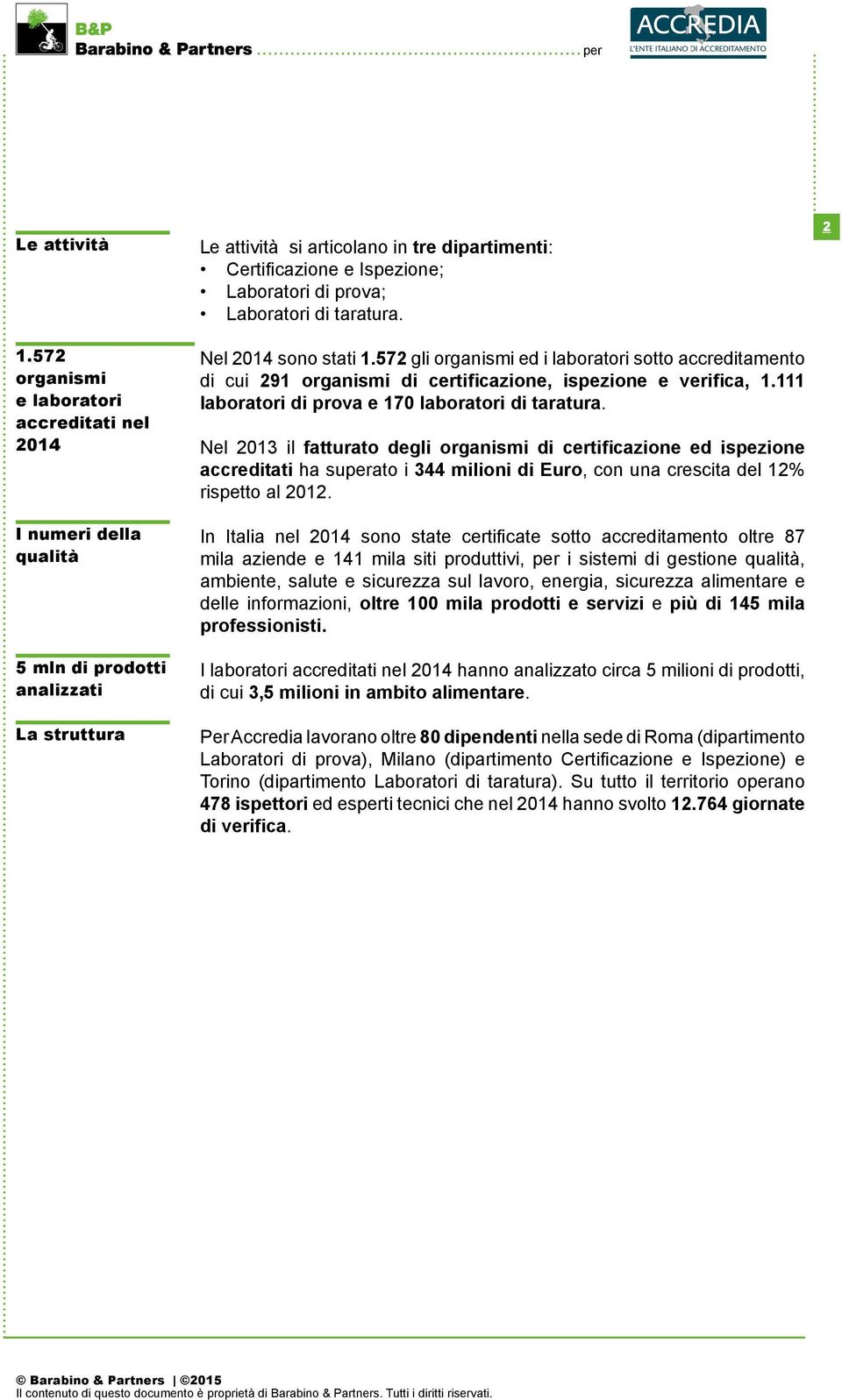 di prova; Laboratori di taratura. Nel 2014 sono stati 1.572 gli organismi ed i laboratori sotto accreditamento di cui 291 organismi di certificazione, ispezione e verifica, 1.