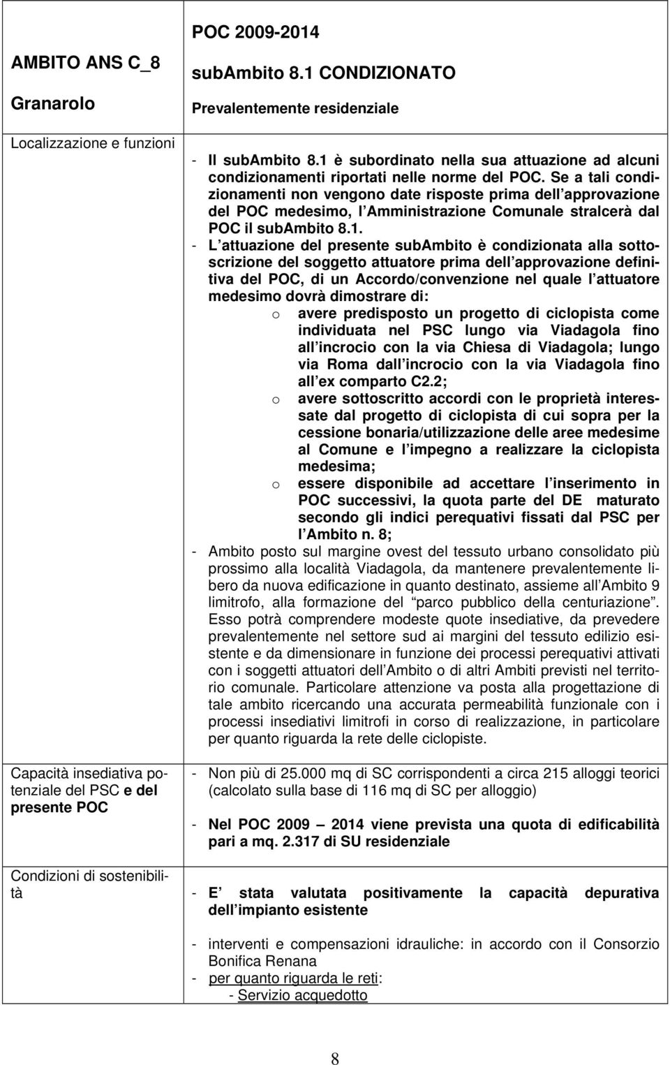 Se a tali condizionamenti non vengono date risposte prima dell approvazione del POC medesimo, l Amministrazione Comunale stralcerà dal POC il subambito 8.1.