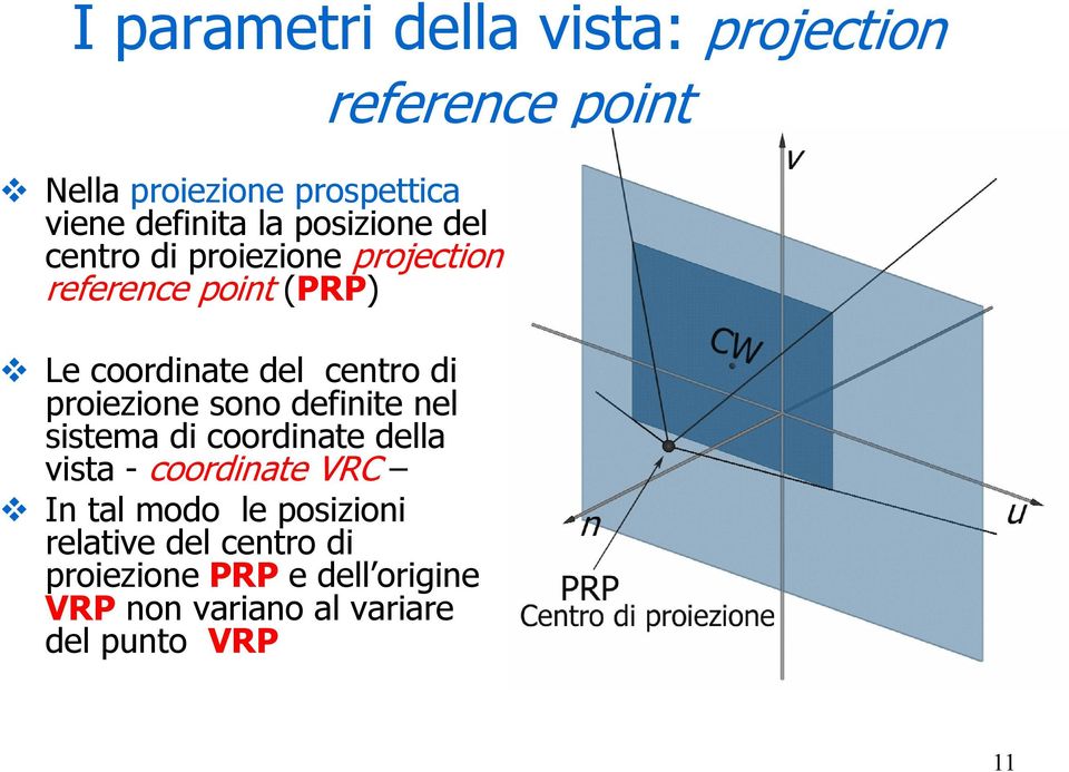 proiezione sono definite nel sistema di coordinate della vista - coordinate VRC In tal modo le