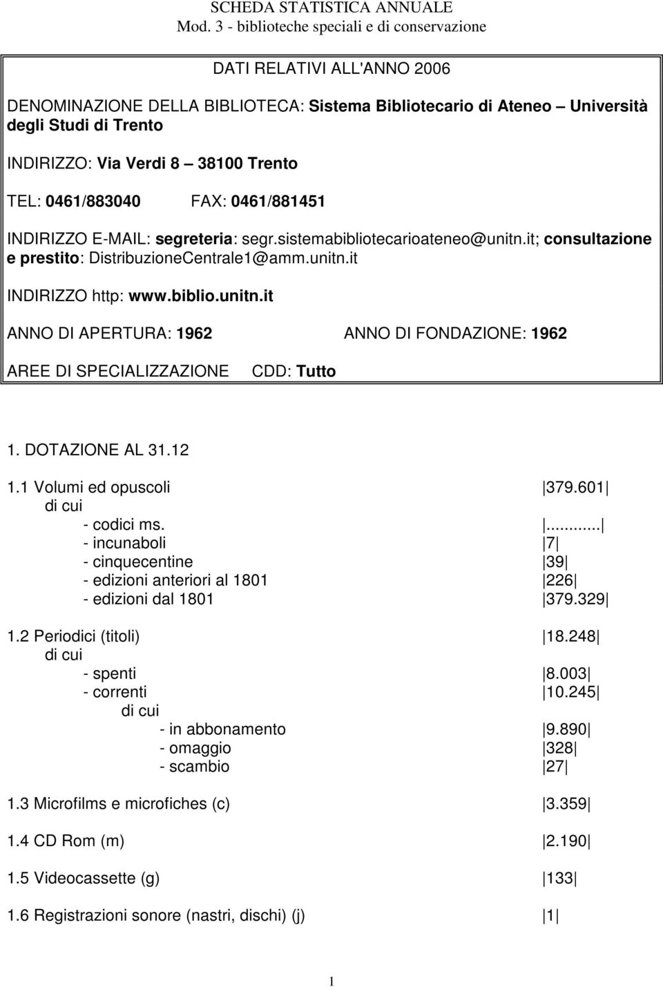 Trento TEL: 0461/883040 FAX: 0461/881451 INDIRIZZO E-MAIL: segreteria: segr.sistemabibliotecarioateneo@unitn.it; consultazione e prestito: DistribuzioneCentrale1@amm.unitn.it INDIRIZZO http: www.