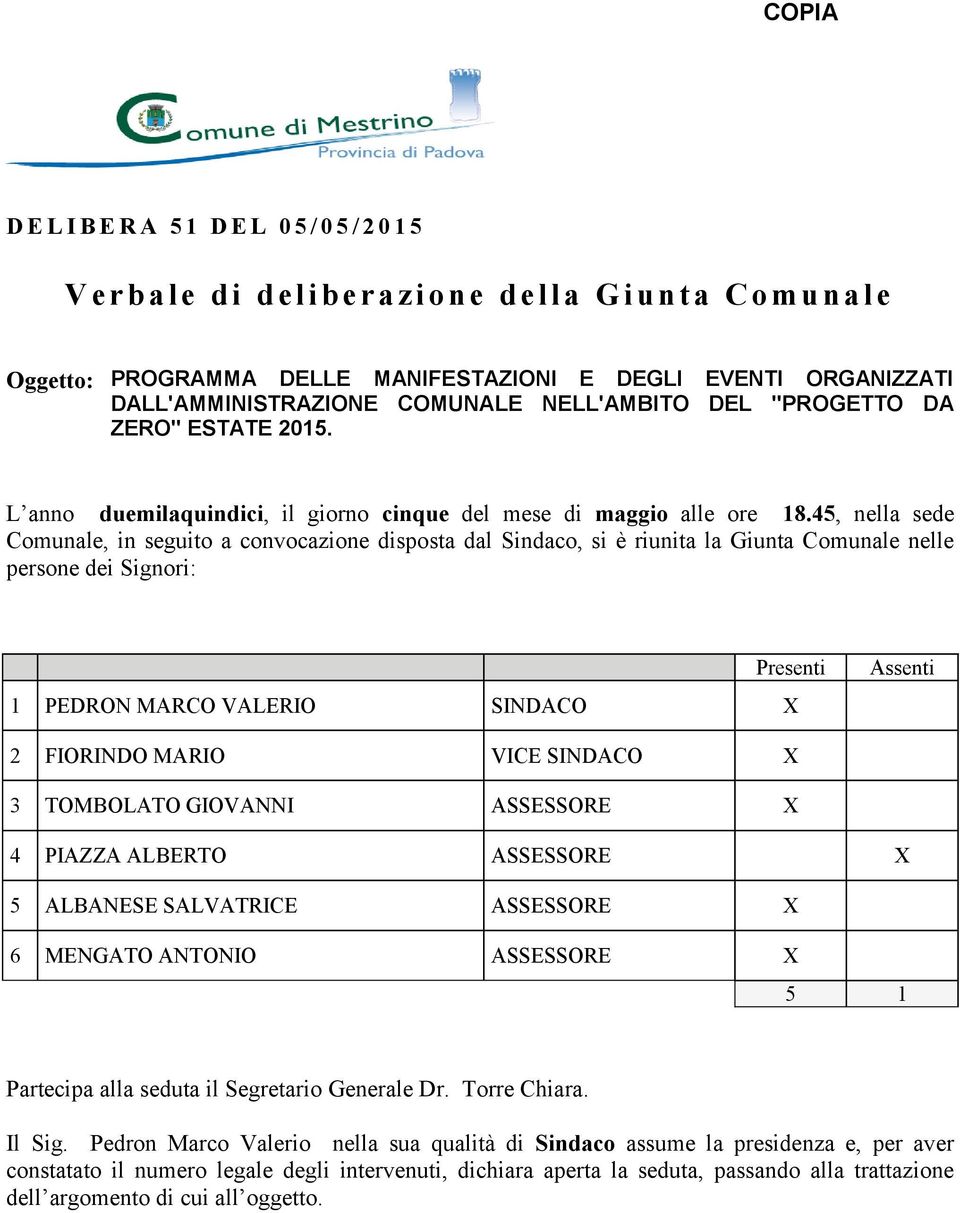 45, nella sede Comunale, in seguito a convocazione disposta dal Sindaco, si è riunita la Giunta Comunale nelle persone dei Signori: Presenti 1 PEDRON MARCO VALERIO SINDACO X Assenti 2 FIORINDO MARIO