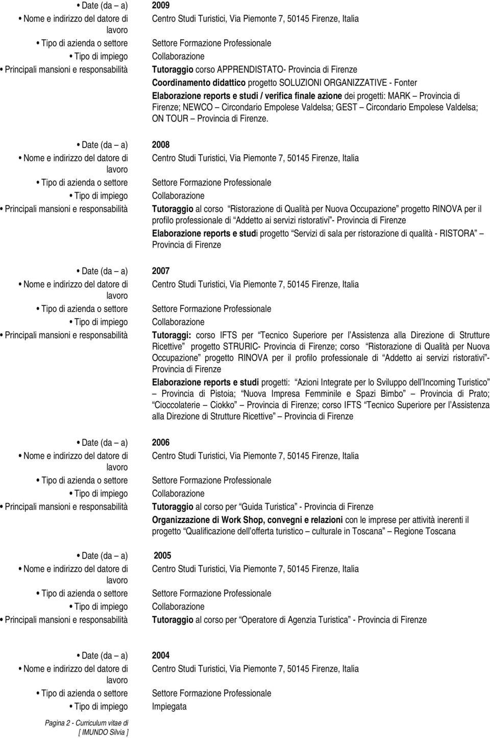 Date (da a) 2008 Principali mansioni e responsabilità Tutoraggio al corso Ristorazione di Qualità per Nuova Occupazione progetto RINOVA per il profilo professionale di Addetto ai servizi ristorativi