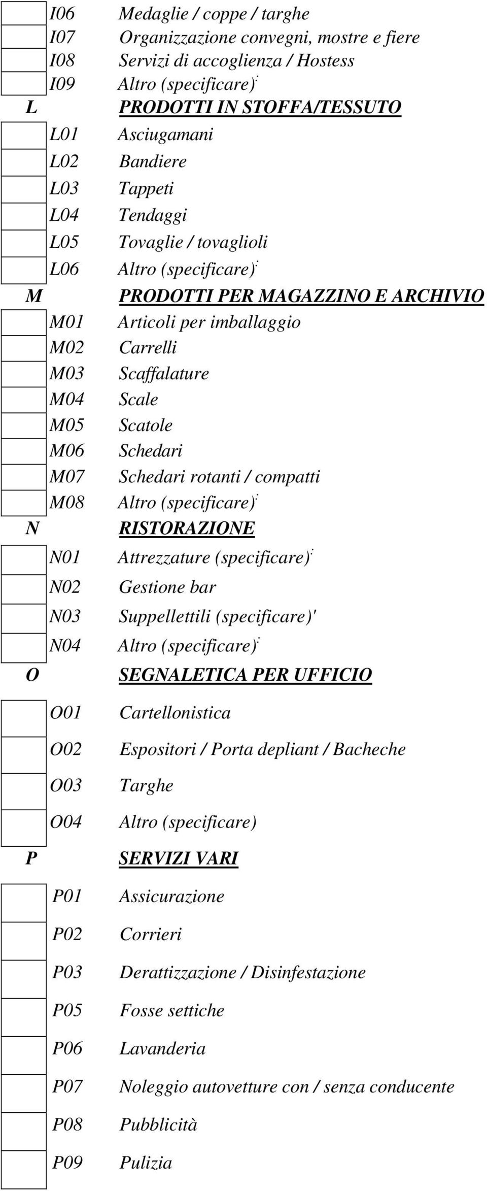 Schedari M07 Schedari rotanti / compatti M08 Altro (specificare) : N RISTORAZIONE N01 Attrezzature (specificare) : N02 Gestione bar N03 Suppellettili (specificare)' N04 Altro (specificare) : O