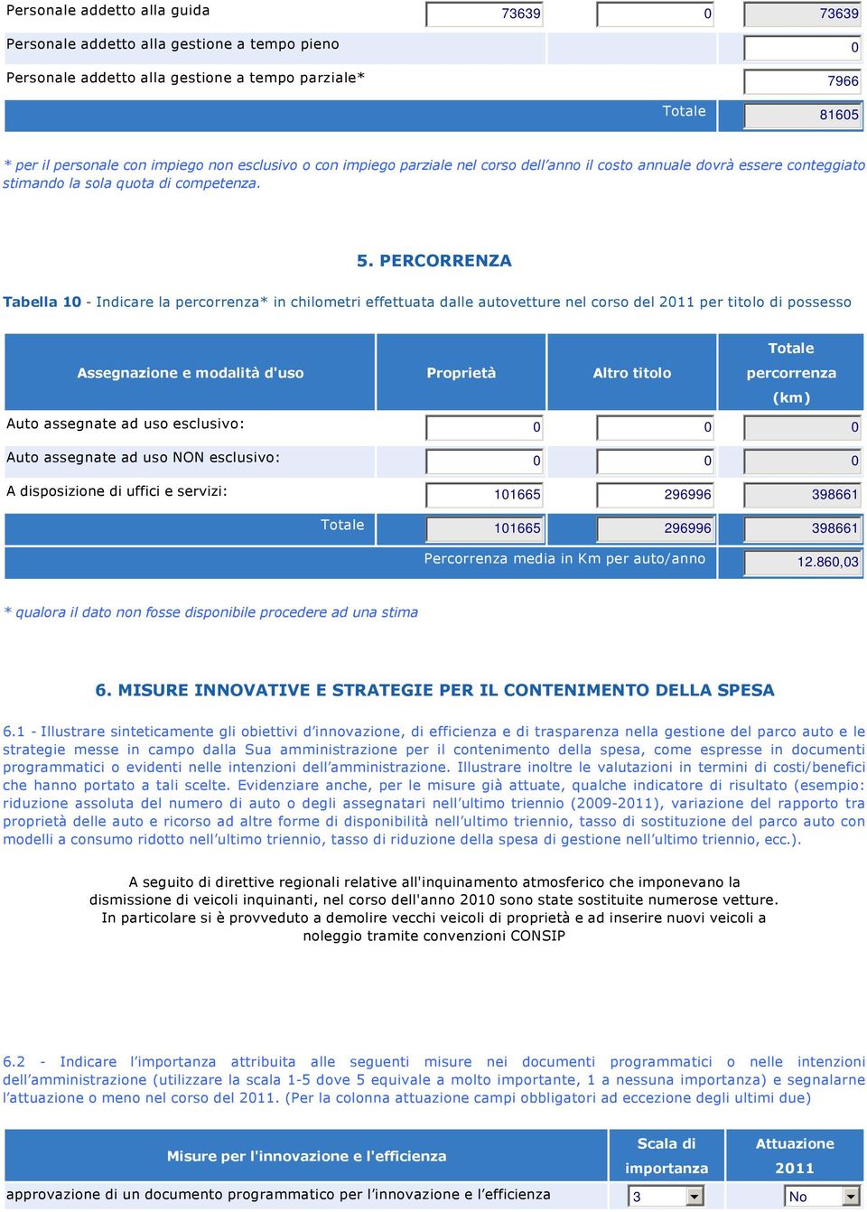 PERCORRENZA Tabella 10 Indicare la percorrenza* in chilometri effettuata dalle autovetture nel corso del 2011 per titolo di possesso Assegnazione e modalità d'uso Proprietà Altro titolo percorrenza