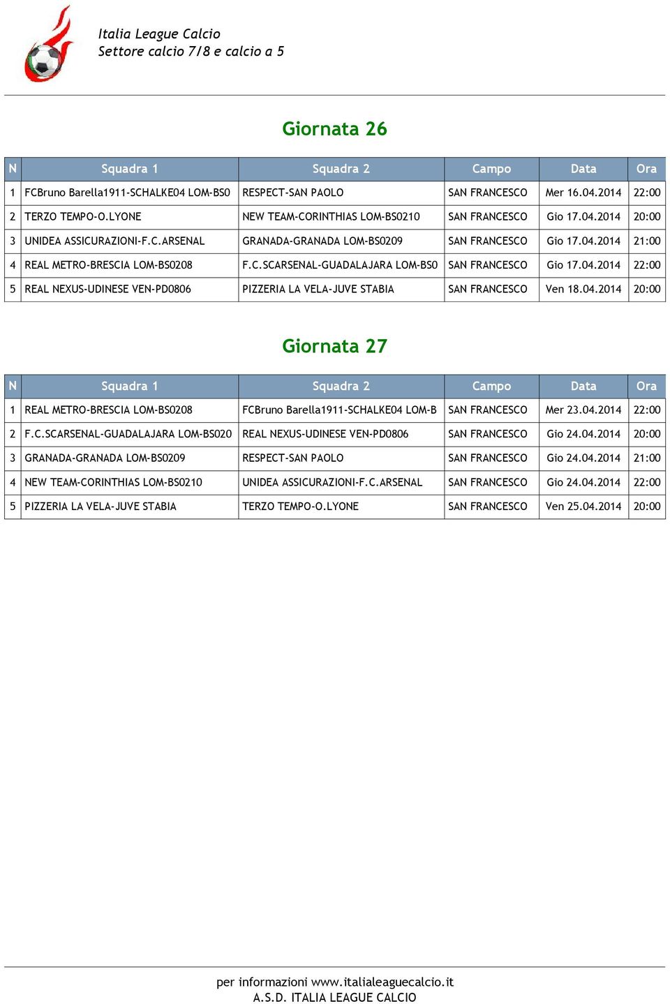 04.2014 20:00 Giornata 27 1 REAL METRO-BRESCIA LOM-BS0208 FCBruno Barella1911-SCHALKE04 LOM-B SAN FRANCESCO Mer 23.04.2014 22:00 2 F.C.SCARSENAL-GUADALAJARA LOM-BS020 REAL NEXUS-UDINESE VEN-PD0806 SAN FRANCESCO Gio 24.