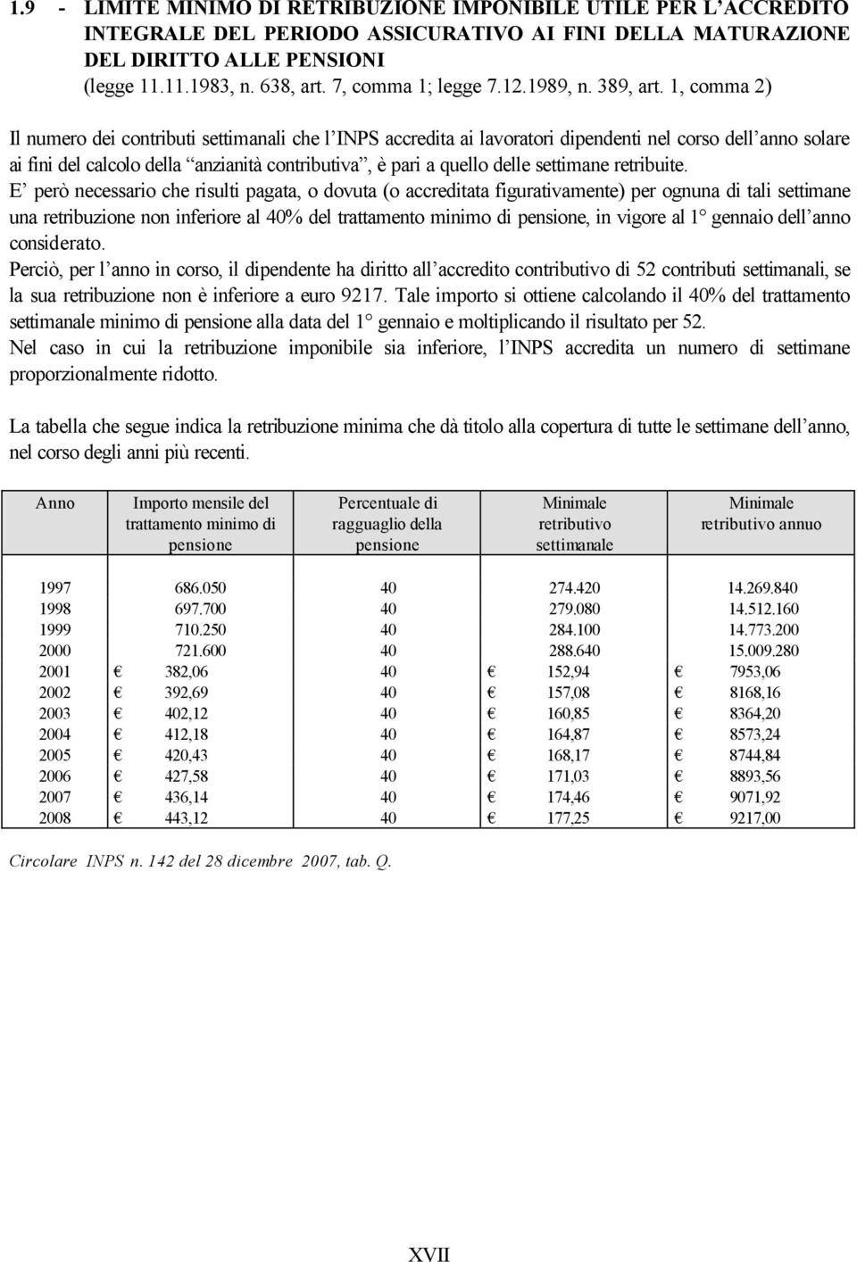 1, comma 2) Il numero dei contributi settimanali che l INPS accredita ai lavoratori dipendenti nel corso dell anno solare ai fini del calcolo della anzianità contributiva, è pari a quello delle