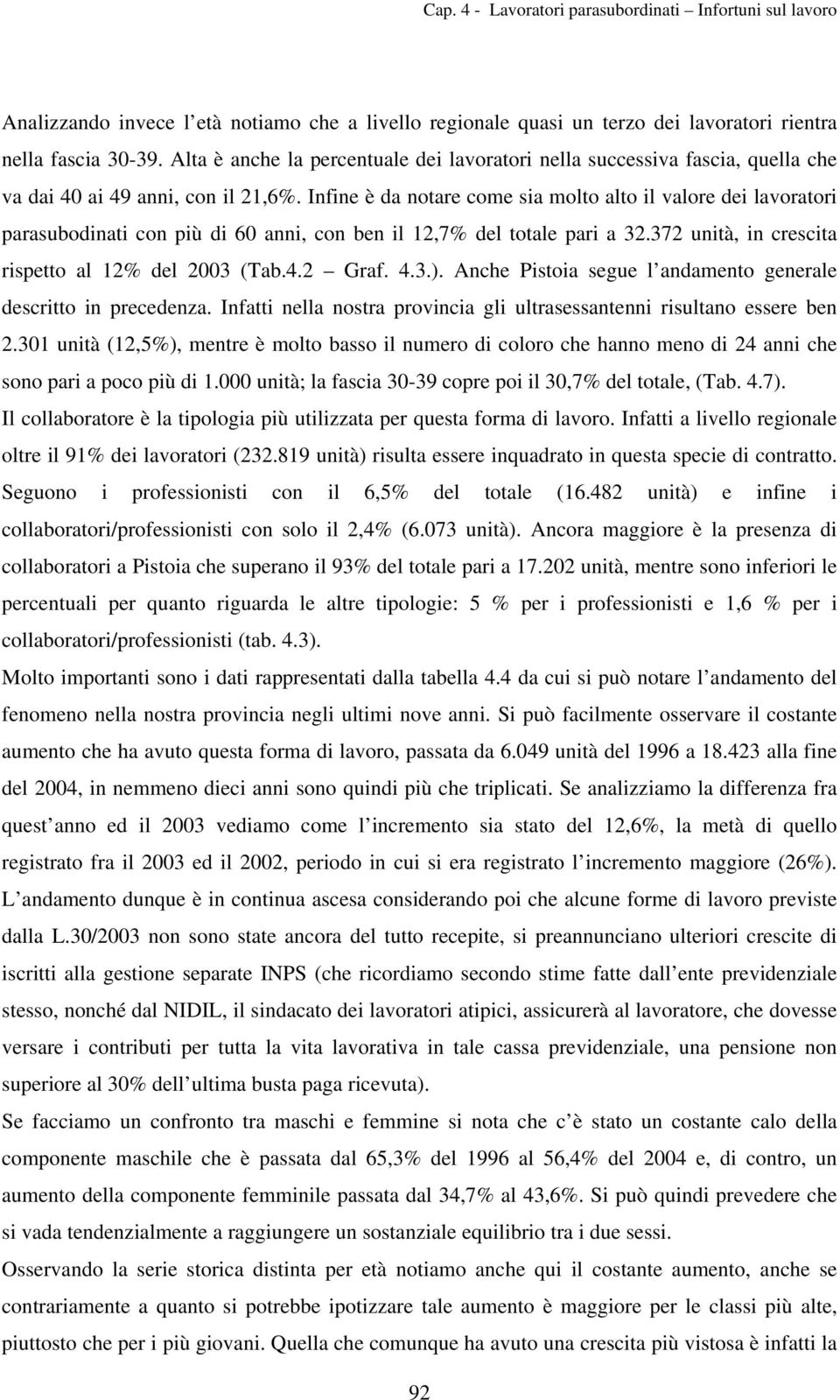 Infine è da notare come sia molto alto il valore dei lavoratori parasubodinati con più di 60 anni, con ben il 12,7% del totale pari a 32.372 unità, in crescita rispetto al 12% del 2003 (Tab.4.2 Graf.