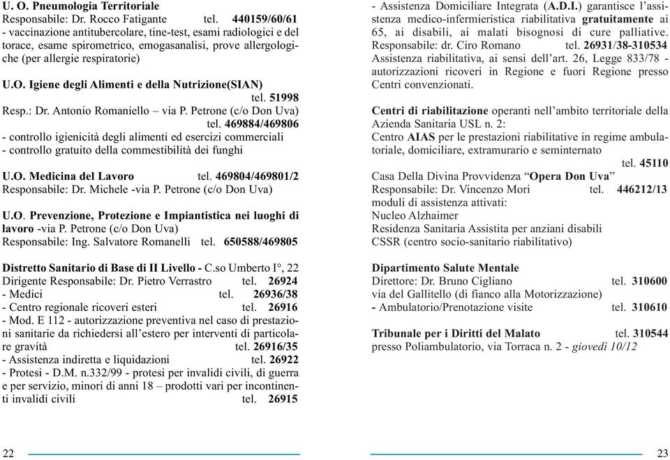 Igiene degli Alimenti e della Nutrizione(SIAN) tel. 51998 Resp.: Dr. Antonio Romaniello via P. Petrone (c/o Don Uva) tel.