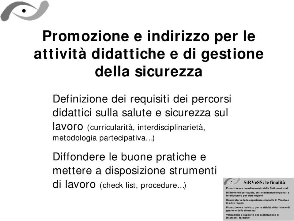 le finalità Promozione e coordinamento delle Reti provinciali Riferimento per scuole, enti e istituzioni regionali e interlocutore per altre regioni Osservatorio delle