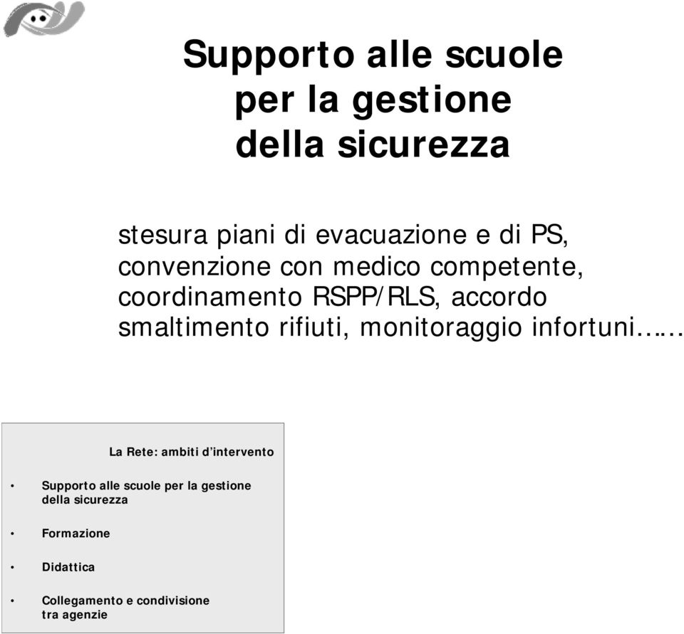 rifiuti, monitoraggio infortuni La Rete: ambiti d intervento Supporto alle scuole per