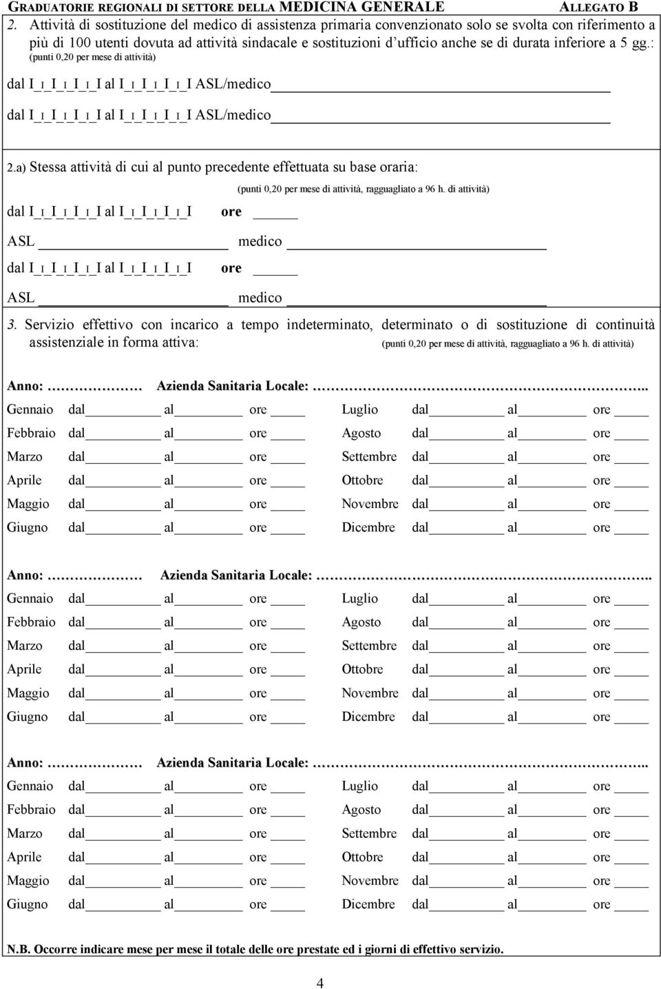 inferiore a 5 gg.: (punti 0,20 per mese di attività) ASL/medico ASL/medico 2.