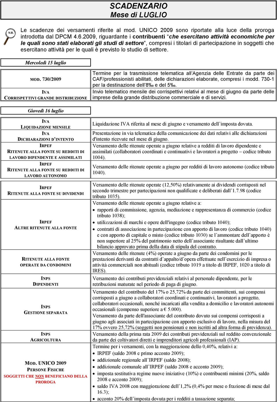 per le quali è previsto lo studio di settore. Mercoledì 15 luglio MOD.